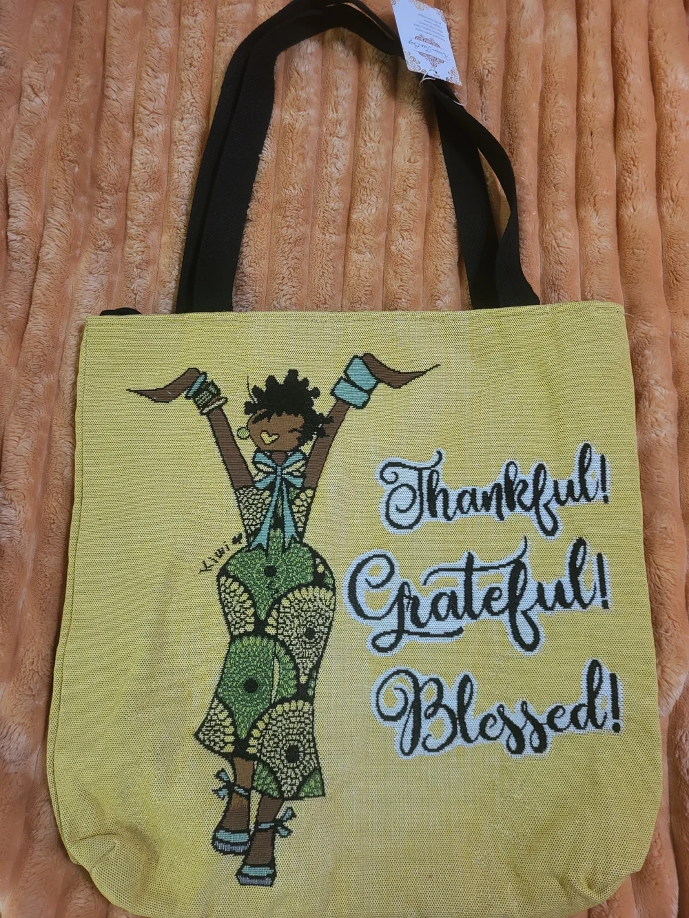 Thankful Grateful Blessed Yellow Tote Bag - Picture 3 of 5